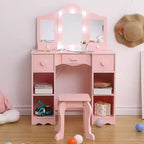 Coiffeuse pour Filles avec Miroir Triple, Table et Tabouret de Maquillage en Bois 2 en 1, Bureau de Maquillage de Princesse avec Tiroir pour Petites Filles
