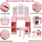 Coiffeuse pour Filles avec Miroir Triple, Table et Tabouret de Maquillage en Bois 2 en 1, Bureau de Maquillage de Princesse avec Tiroir pour Petites Filles