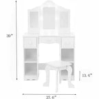 Coiffeuse pour Filles avec Miroir Triple, Table et Tabouret de Maquillage en Bois 2 en 1, Bureau de Maquillage de Princesse avec Tiroir pour Petites Filles