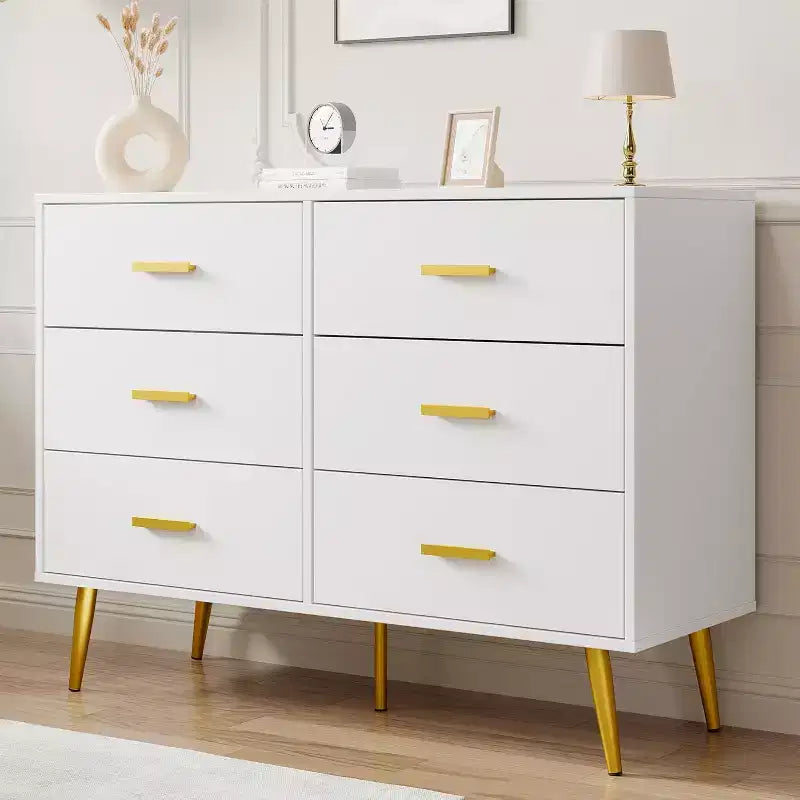Commode Acekool à 6 tiroirs, commode moderne avec poignées et pieds dorés, meuble de rangement pour chambre ou salon