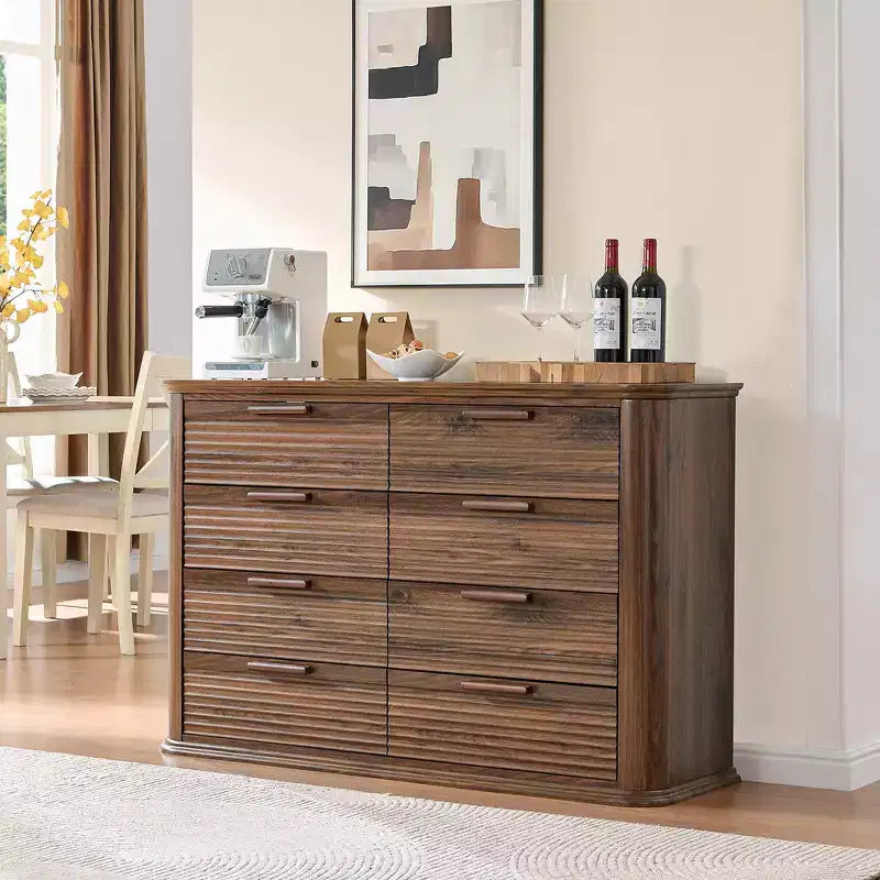 Commode moderne en bois Zeus et Ruta Fluted 52 avec 8 tiroirs, design courbé pour salon et couloir