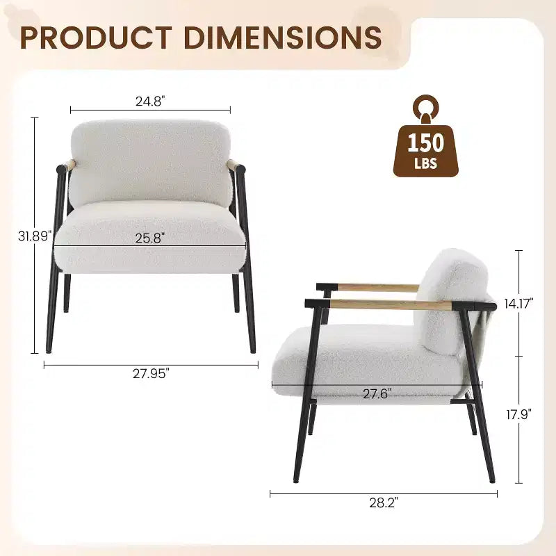 Chaise décorative moderne, cadre en métal et accoudoirs en bois, chaise de lecture rembourrée et douce pour chambres et salons, ergonomique, simple blanche