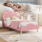 Cadre de lit double avec tête de lit et pied de lit, plateforme de lit de princesse capitonnée en velours pour enfants/filles, rose