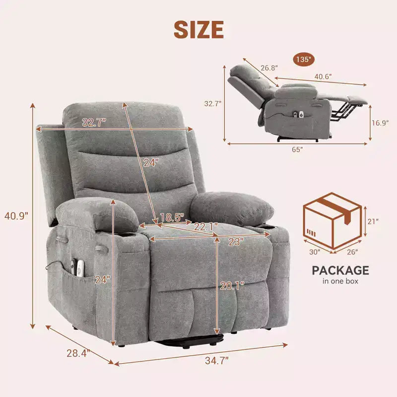 Fauteuil inclinable électrique avec fonction de levage, fauteuil inclinable électrique surdimensionné pour personnes âgées avec chauffage et massage, porte-gobelets, poche latérale, canapé simple pour salon