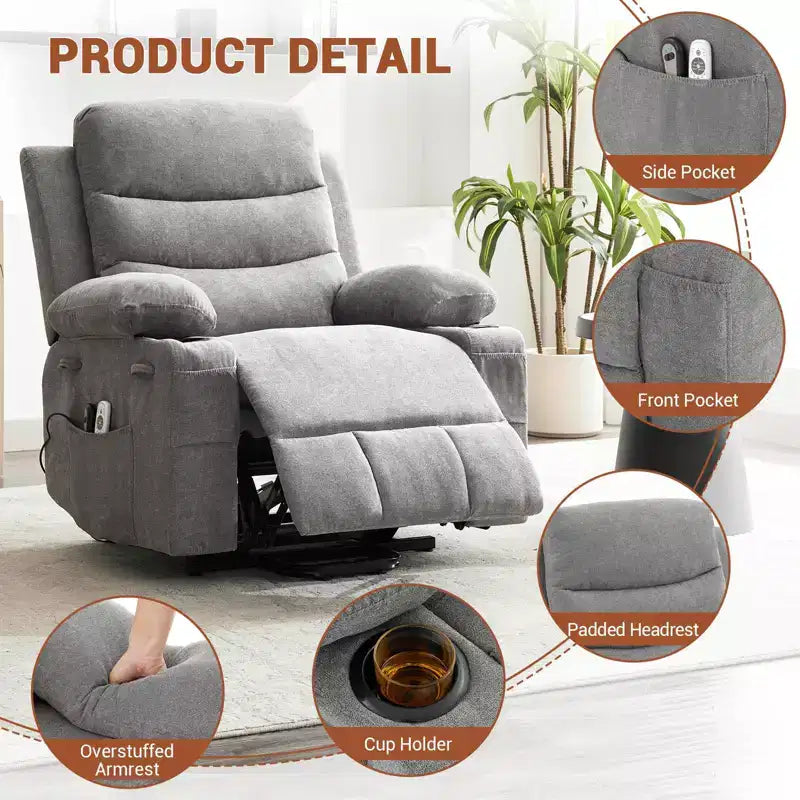 Fauteuil inclinable électrique avec fonction de levage, fauteuil inclinable électrique surdimensionné pour personnes âgées avec chauffage et massage, porte-gobelets, poche latérale, canapé simple pour salon
