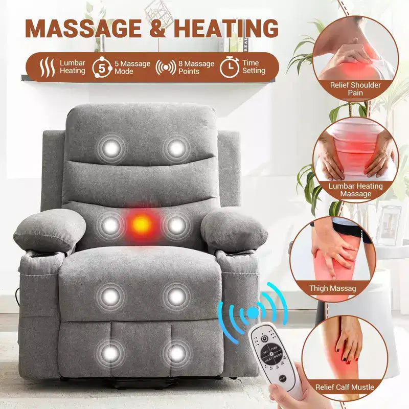 Fauteuil inclinable électrique avec fonction de levage, fauteuil inclinable électrique surdimensionné pour personnes âgées avec chauffage et massage, porte-gobelets, poche latérale, canapé simple pour salon