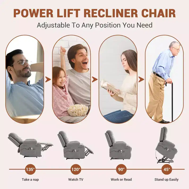Fauteuil inclinable électrique avec fonction de levage, fauteuil inclinable électrique surdimensionné pour personnes âgées avec chauffage et massage, porte-gobelets, poche latérale, canapé simple pour salon