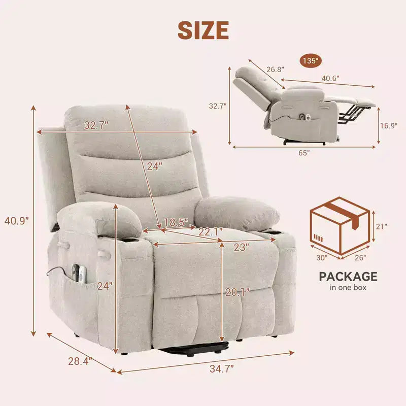 Fauteuil inclinable électrique avec fonction de levage, fauteuil inclinable électrique surdimensionné pour personnes âgées avec chauffage et massage, porte-gobelets, poche latérale, canapé simple pour salon