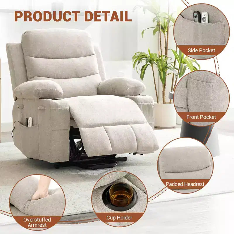 Fauteuil inclinable électrique avec fonction de levage, fauteuil inclinable électrique surdimensionné pour personnes âgées avec chauffage et massage, porte-gobelets, poche latérale, canapé simple pour salon