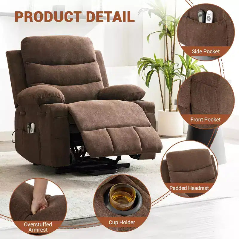 Fauteuil inclinable électrique avec fonction de levage, fauteuil inclinable électrique surdimensionné pour personnes âgées avec chauffage et massage, porte-gobelets, poche latérale, canapé simple pour salon