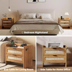 Tables de chevet en rotin (lot de 2), tables d'appoint avec 2 tiroirs de rangement, tables d'appoint bohèmes pour chambre à coucher, salon, bureau