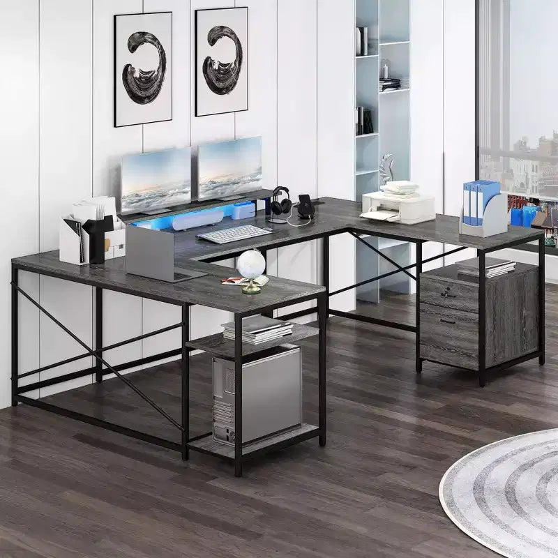 Bureau en U avec prises de courant et lumières LED, bureau avec tiroirs, bureau d'angle pour ordinateur avec support de moniteur et étagères de rangement, gris