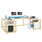 Bureau en U avec prises de courant et lumières LED, bureau avec tiroirs, bureau d'angle pour ordinateur avec support d'écran et étagères de rangement, blanc