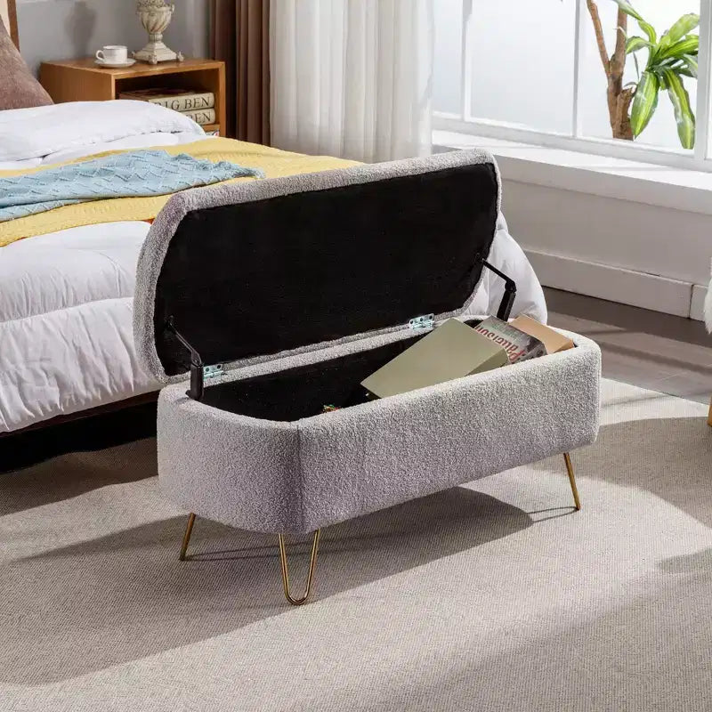 Banc de rangement ottoman en fausse fourrure TUYOHW, banc de lit avec rangement, pieds en métal doré, banc de bout de lit rembourré moderne pour salon, chambre à coucher, entrée
