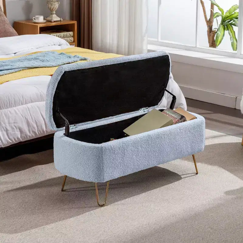 Banc de rangement ottoman en fausse fourrure TUYOHW, banc de lit avec rangement, pieds en métal doré, banc de bout de lit rembourré moderne pour salon, chambre à coucher, entrée
