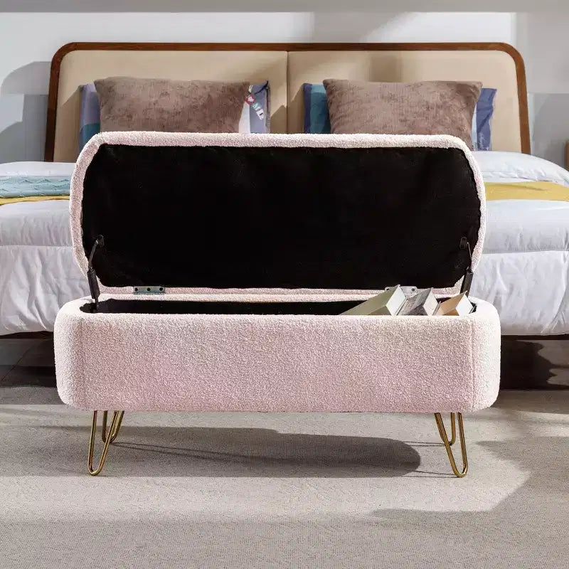 Banc de rangement ottoman en fausse fourrure TUYOHW, banc de lit avec rangement, pieds en métal doré, banc de bout de lit rembourré moderne pour salon, chambre à coucher, entrée