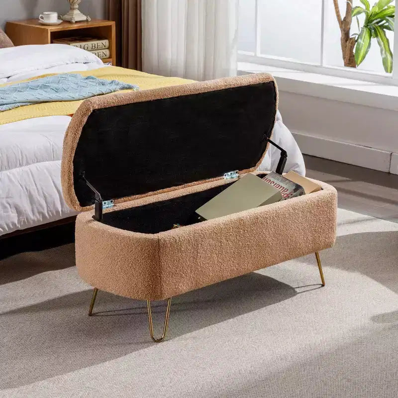 Banc de rangement ottoman en fausse fourrure TUYOHW, banc de lit avec rangement, pieds en métal doré, banc de bout de lit rembourré moderne pour salon, chambre à coucher, entrée