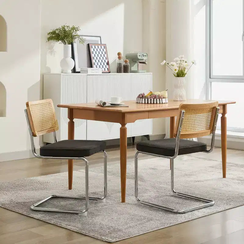 TUYOHW Lot de 2 chaises de salle à manger modernes, chaises de salle à manger en lin doux, chaises d'appoint robustes avec base chromée en acier inoxydable et dossier en rotin, capacité de 163 kg