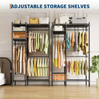 Portant à vêtements en acier robuste avec étagères, système de penderie autoportant réglable, capacité de 385 kg, 114 ou 185 cm de large, noir