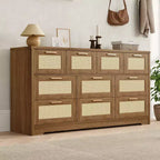 Commode en rotin pour chambre à coucher avec 10 tiroirs, grande commode en bois avec poignées en métal doré, commode large de style bohème pour chambre à coucher ou salon.