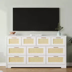 Commode en rotin pour chambre à coucher avec 10 tiroirs, grande commode en bois avec poignées en métal doré, commode large de style bohème pour chambre à coucher ou salon.