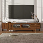 TV Stand for TVs Up to 85, Mid-Century Modern TV Cabinet Media Console Entertainment Center with Fluted Glass Doors & 2 Drawers, Walnut - ModernLuxe