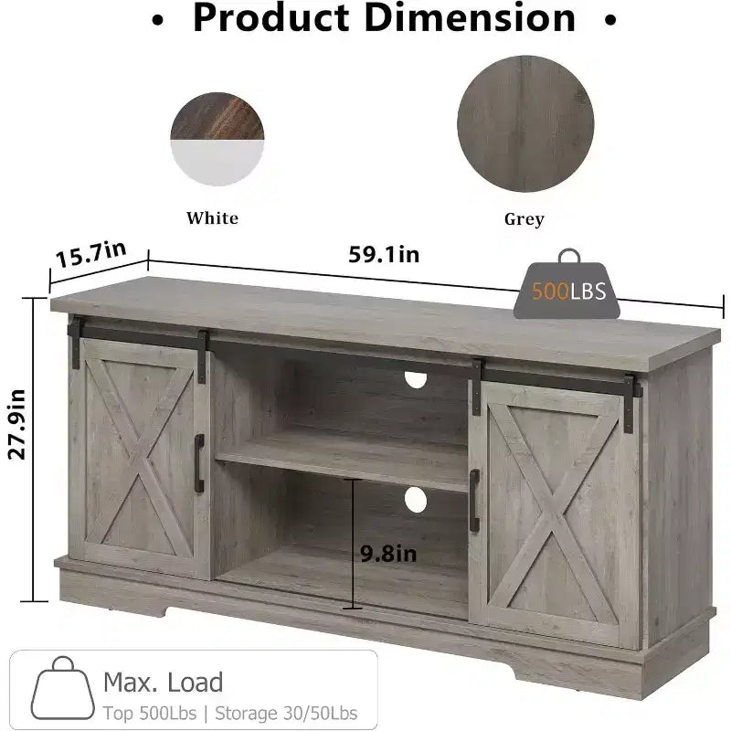 Meuble TV de ferme de 65 pouces, centre de divertissement avec rangement et portes coulissantes de grange, étagère réglable, meuble TV média moderne, gris