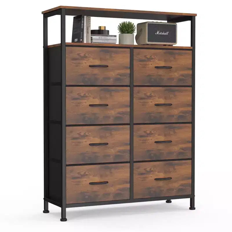 Commode douillette avec 8 tiroirs en tissu et étagère ouverte, meuble TV haut avec placard de rangement, commode pour chambre à coucher, salon