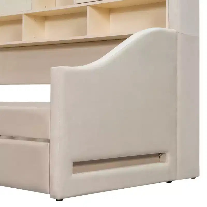 Lit de repos double capitonné Luxystar avec étagères de rangement, armoires, lumières LED et lit gigogne relevable.