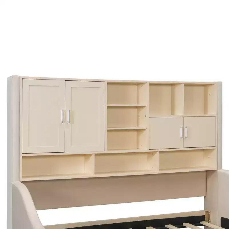 Lit de repos double capitonné Luxystar avec étagères de rangement, armoires, lumières LED et lit gigogne relevable.