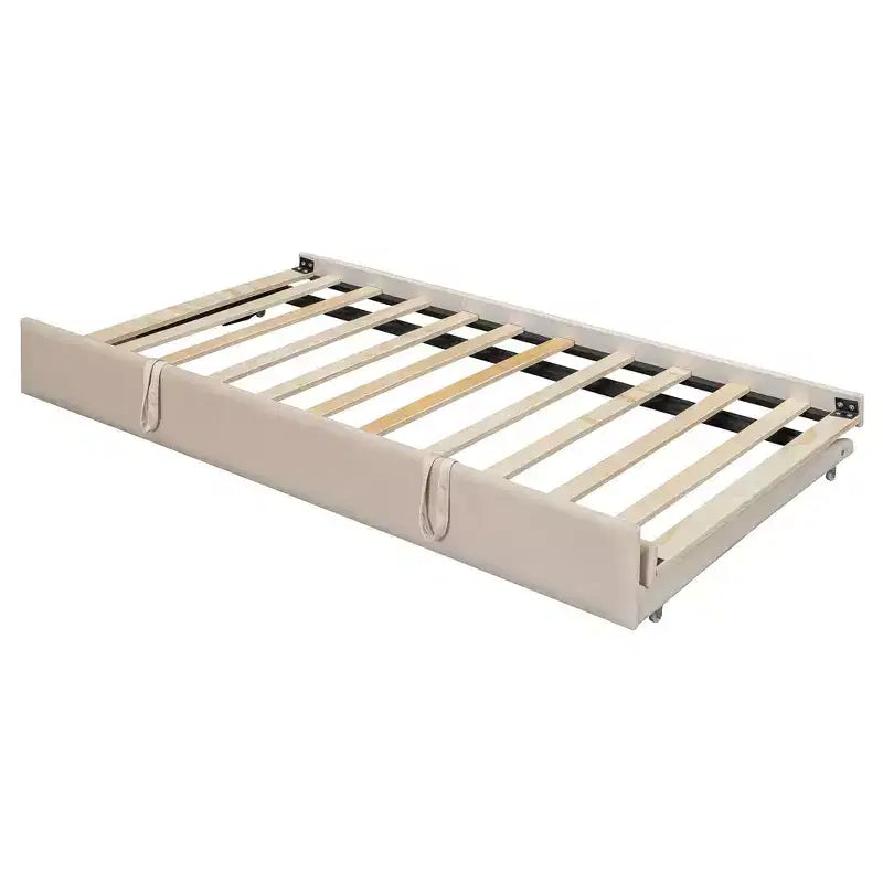 Lit de repos double capitonné Luxystar avec étagères de rangement, armoires, lumières LED et lit gigogne relevable.
