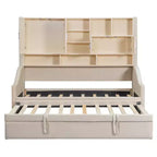 Lit de repos double capitonné Luxystar avec étagères de rangement, armoires, lumières LED et lit gigogne relevable.