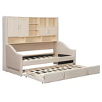Lit de repos double capitonné Luxystar avec étagères de rangement, armoires, lumières LED et lit gigogne relevable.