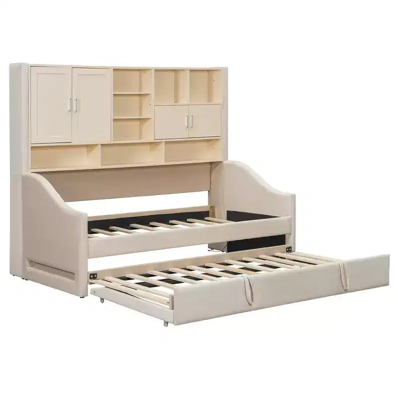 Lit de repos double capitonné Luxystar avec étagères de rangement, armoires, lumières LED et lit gigogne relevable.