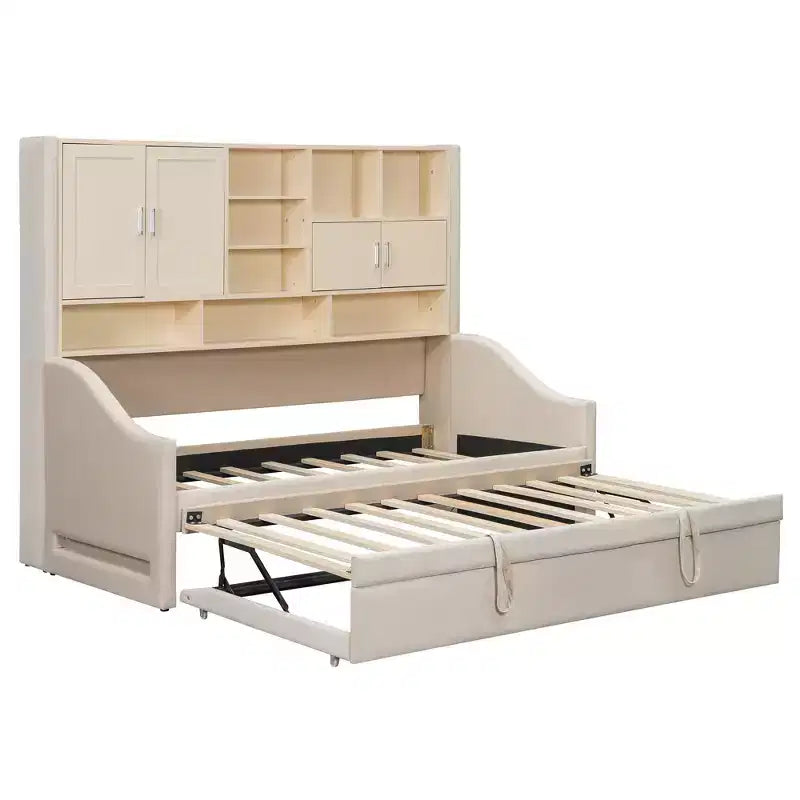 Lit de repos double capitonné Luxystar avec étagères de rangement, armoires, lumières LED et lit gigogne relevable.