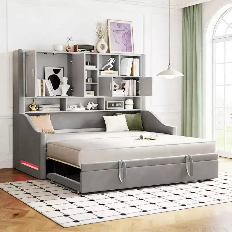 Lit de repos double capitonné Luxystar avec étagères de rangement, armoires, lumières LED et lit gigogne relevable.