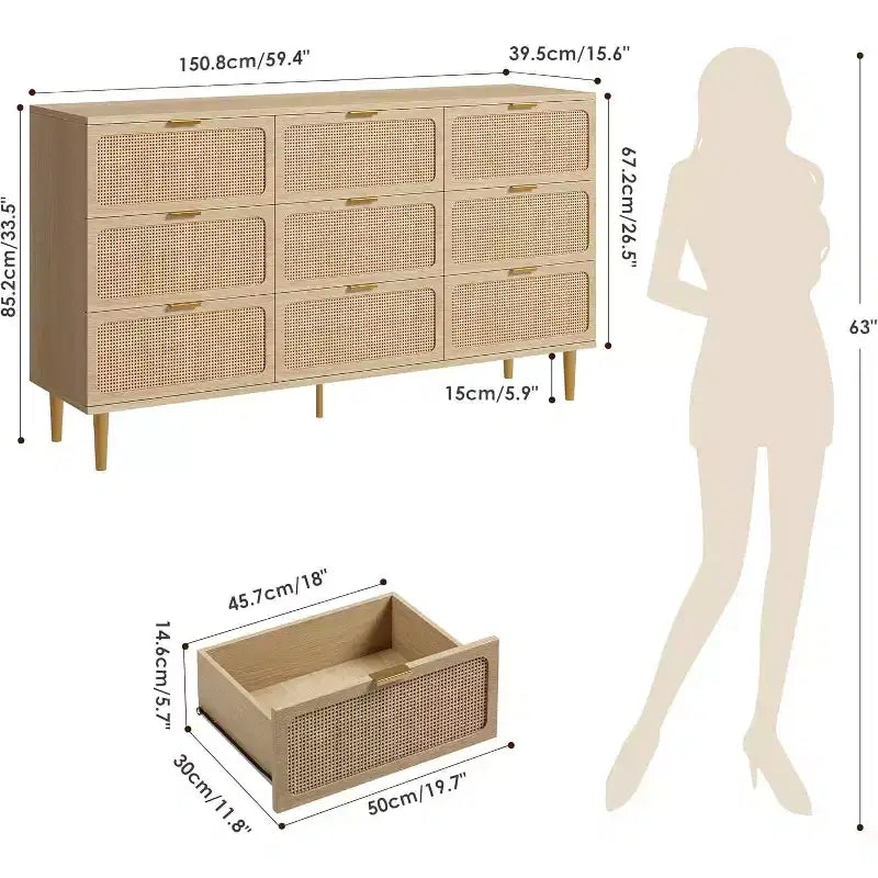 Commode haute en rotin à 9 tiroirs - Commode moderne en bois avec grand espace de rangement et plateau large pour chambre, salon ou couloir