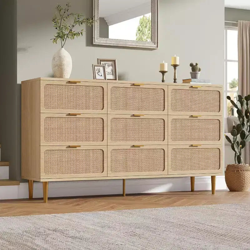 Commode haute en rotin à 9 tiroirs - Commode moderne en bois avec grand espace de rangement et plateau large pour chambre, salon ou couloir