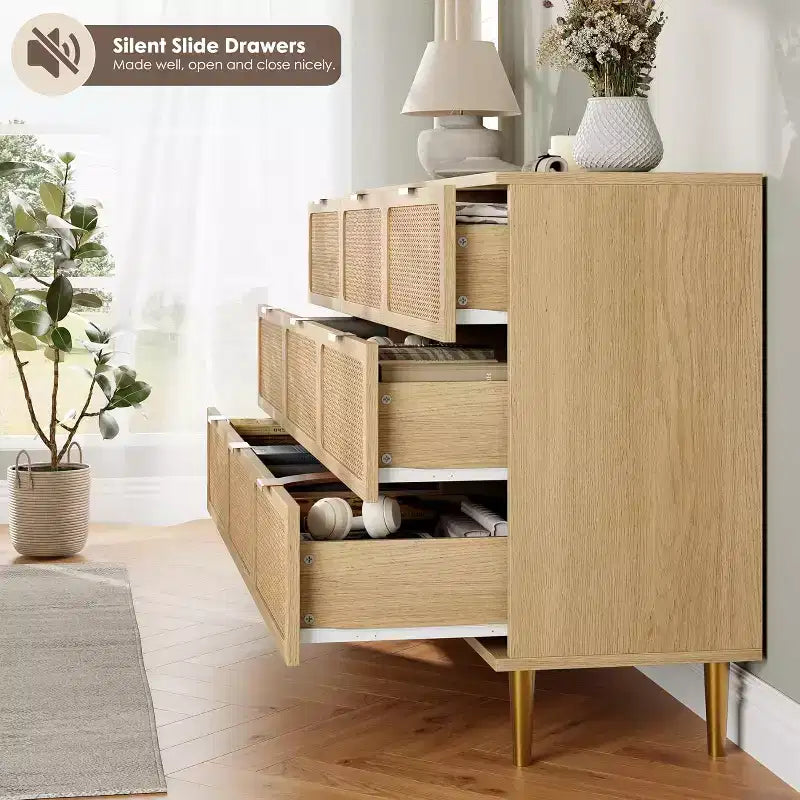 Commode haute en rotin à 9 tiroirs - Commode moderne en bois avec grand espace de rangement et plateau large pour chambre, salon ou couloir