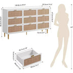 Commode haute en rotin à 9 tiroirs - Commode moderne en bois avec grand espace de rangement et plateau large pour chambre, salon ou couloir