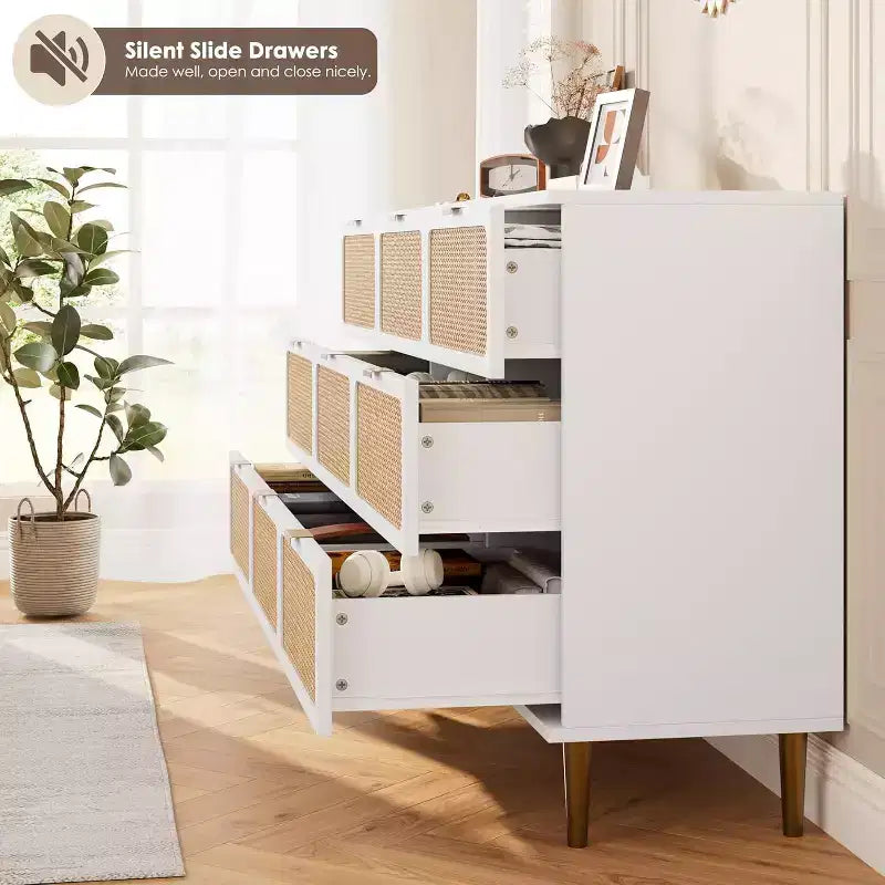 Commode haute en rotin à 9 tiroirs - Commode moderne en bois avec grand espace de rangement et plateau large pour chambre, salon ou couloir