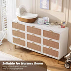 Commode haute en rotin à 9 tiroirs - Commode moderne en bois avec grand espace de rangement et plateau large pour chambre, salon ou couloir