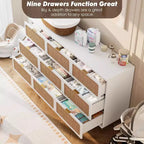 Commode haute en rotin à 9 tiroirs - Commode moderne en bois avec grand espace de rangement et plateau large pour chambre, salon ou couloir