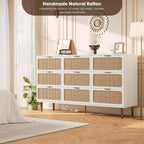 Commode haute en rotin à 9 tiroirs - Commode moderne en bois avec grand espace de rangement et plateau large pour chambre, salon ou couloir