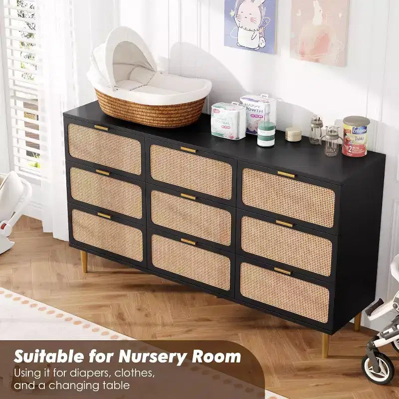 Commode haute en rotin à 9 tiroirs - Commode moderne en bois avec grand espace de rangement et plateau large pour chambre, salon ou couloir