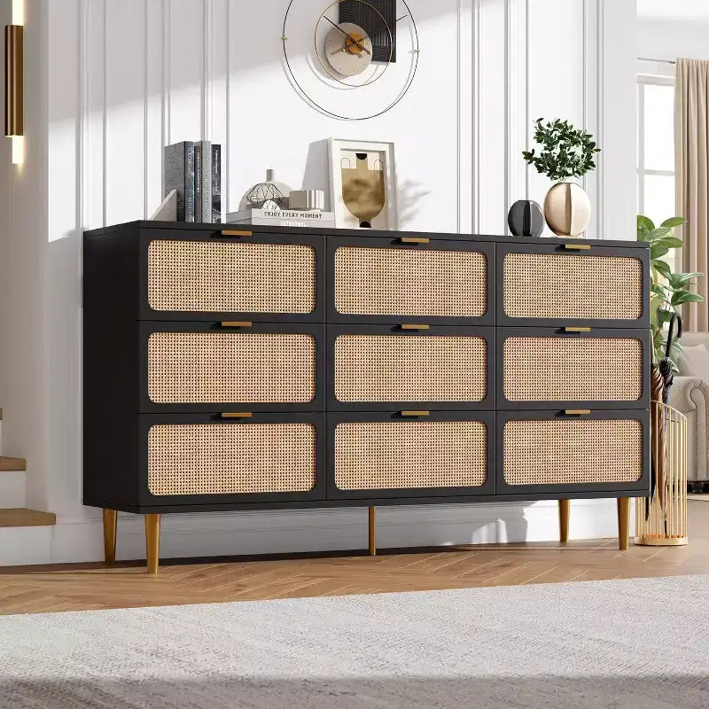 Commode haute en rotin à 9 tiroirs - Commode moderne en bois avec grand espace de rangement et plateau large pour chambre, salon ou couloir