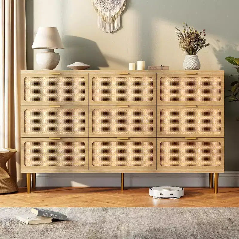 Commode haute en rotin à 9 tiroirs - Commode moderne en bois avec grand espace de rangement et plateau large pour chambre, salon ou couloir