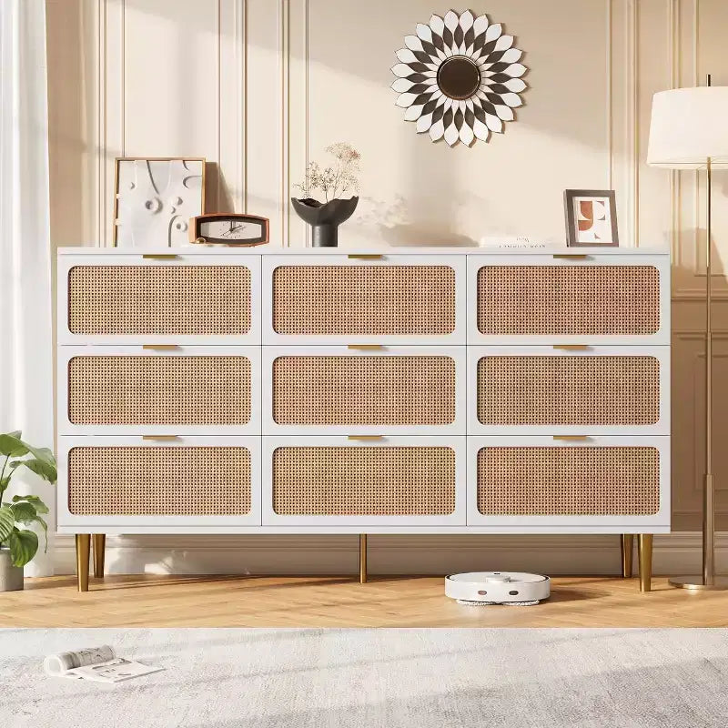 Commode haute en rotin à 9 tiroirs - Commode moderne en bois avec grand espace de rangement et plateau large pour chambre, salon ou couloir