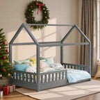 Lit cabane AMERLIFE pour enfants, taille jumeau, avec garde-corps, barrières amovibles, toit cabane, cadre de lit Montessori en bois, assemblage facile
