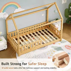 Lit cabane AMERLIFE pour enfants, taille jumeau, avec garde-corps, barrières amovibles, toit cabane, cadre de lit Montessori en bois, assemblage facile